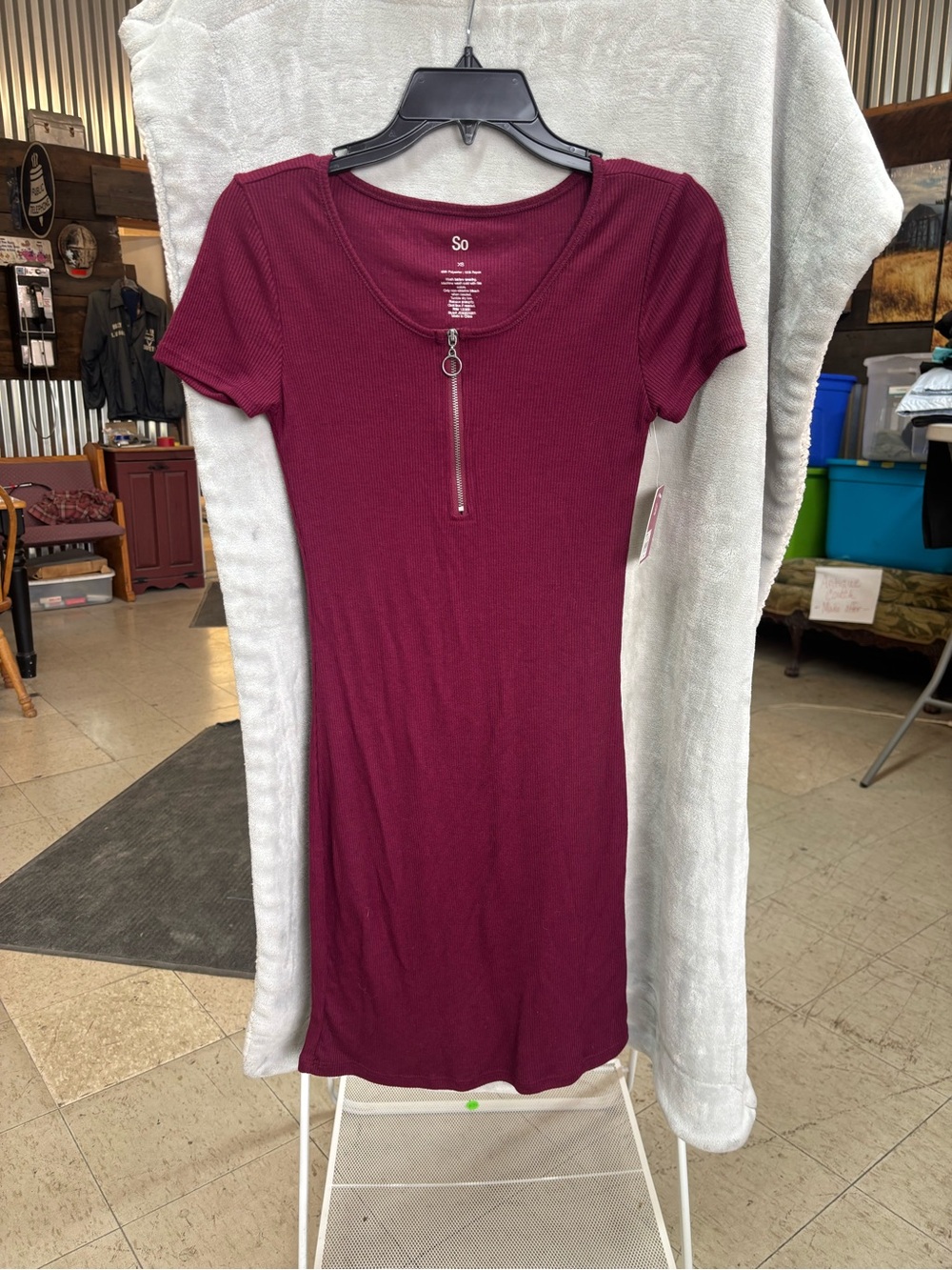 SO Burgundy Short Sleeve Zip-Front Mini Dress